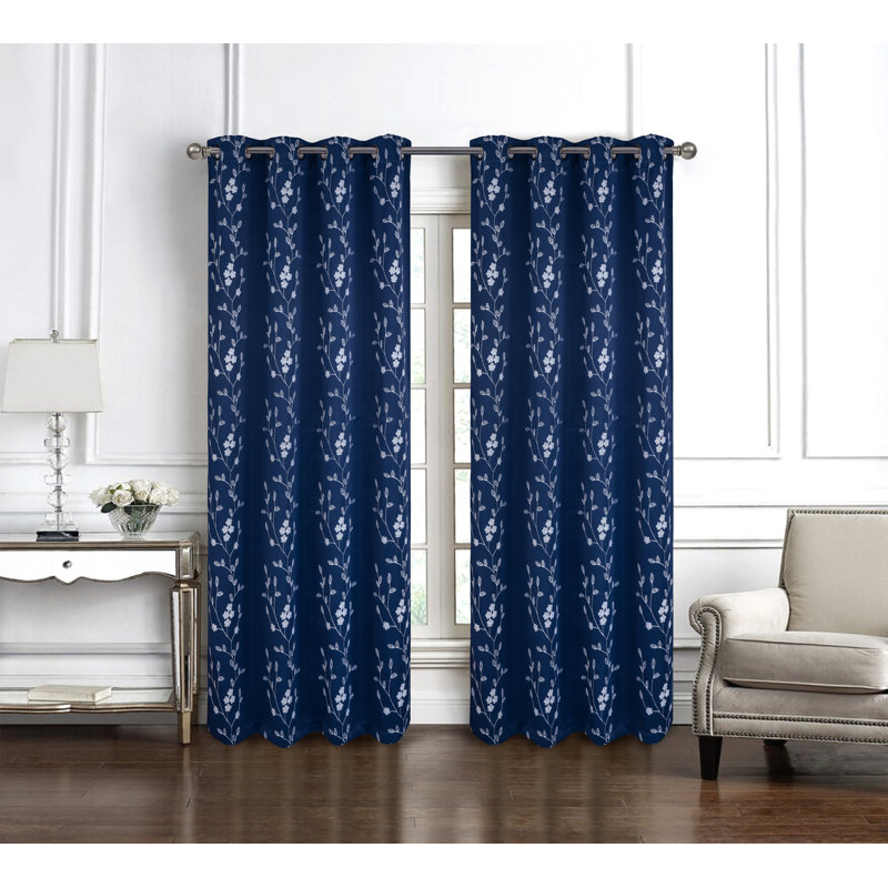 Bonilla Flowers Embroidered Floral Privacy Window Curtain, Navy, 54" W x 95" L