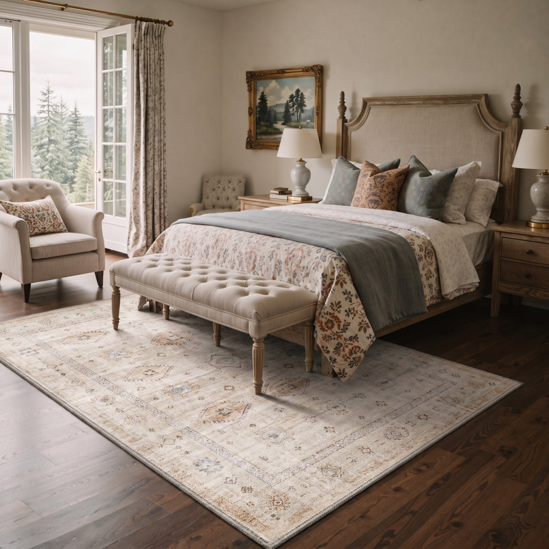 Tapis oriental traditionnel beige/brun à poils courts, lavable et antidérapant, Rectangle de 10 pi x 14 pi
