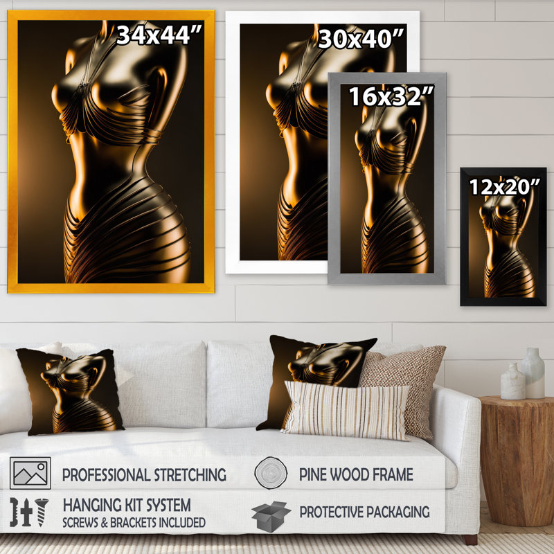 «Louviere Stylish Golden Dress Mannequin I», reproduction d'art sur toile abstraite, Impression noire sur toile encadrée