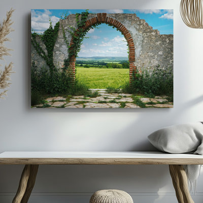 Toile, porte en pierre arquée vieillie encadrant un paysage à couper le souffle avec art mural