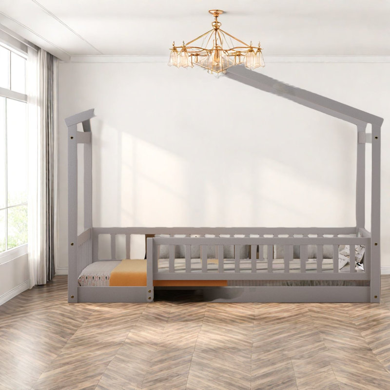 Modern Twin Size Wood Beds, Sturdy Playhouse Frame With Roof And Fence For Kids
