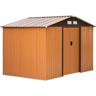 Espace de rangement de jardin jaune de 9 pi x 6 pi avec fondation, 4 évents et 2 portes coulissantes, pour la cour arrière, le garage, les outils d'équipement pour la pelouse et la piscine, bonne ventilation, structure en acier galvanisé, incliné