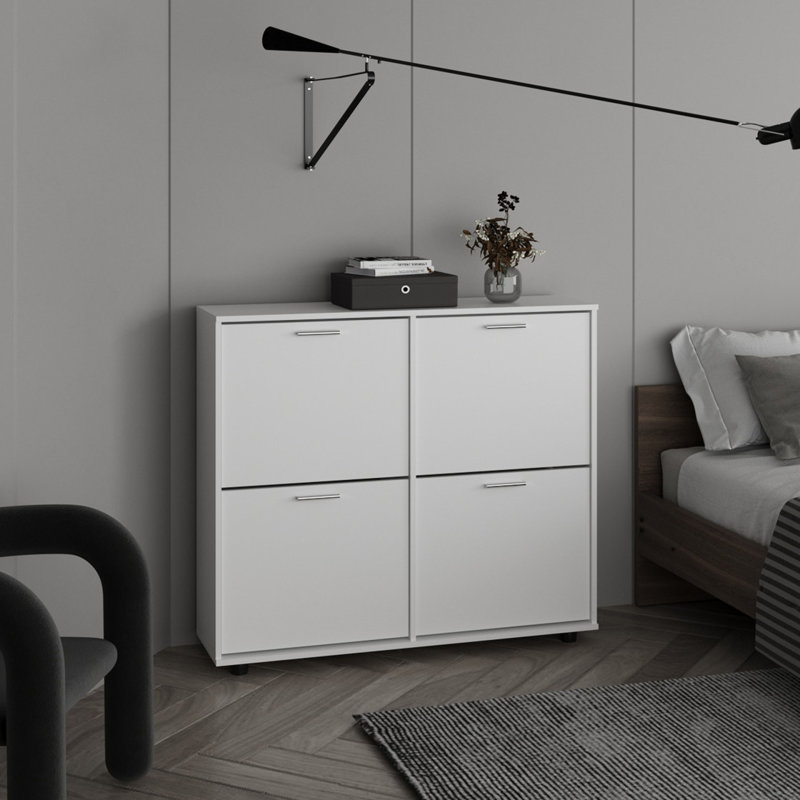 Étagère à chaussures 4 portes Opal avec plusieurs tablettes, rangement pour chaussures moderne, blanc