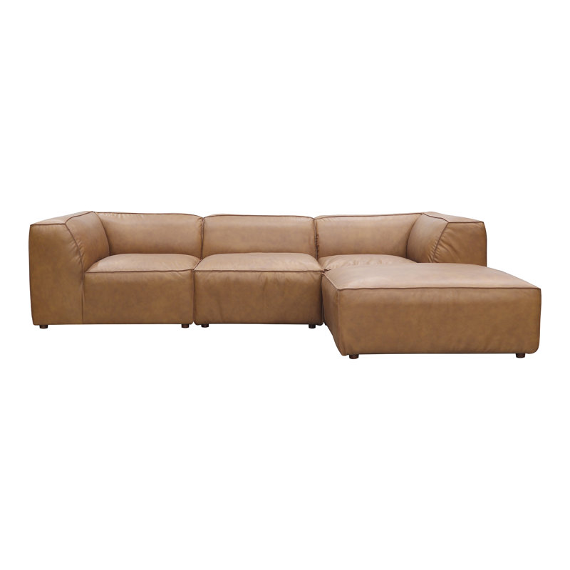 5-Piece Top-Grain Leather Modular Sectional with Ottoman, Tan Genuine Leather, 26" H x 112" W x 71.5" D