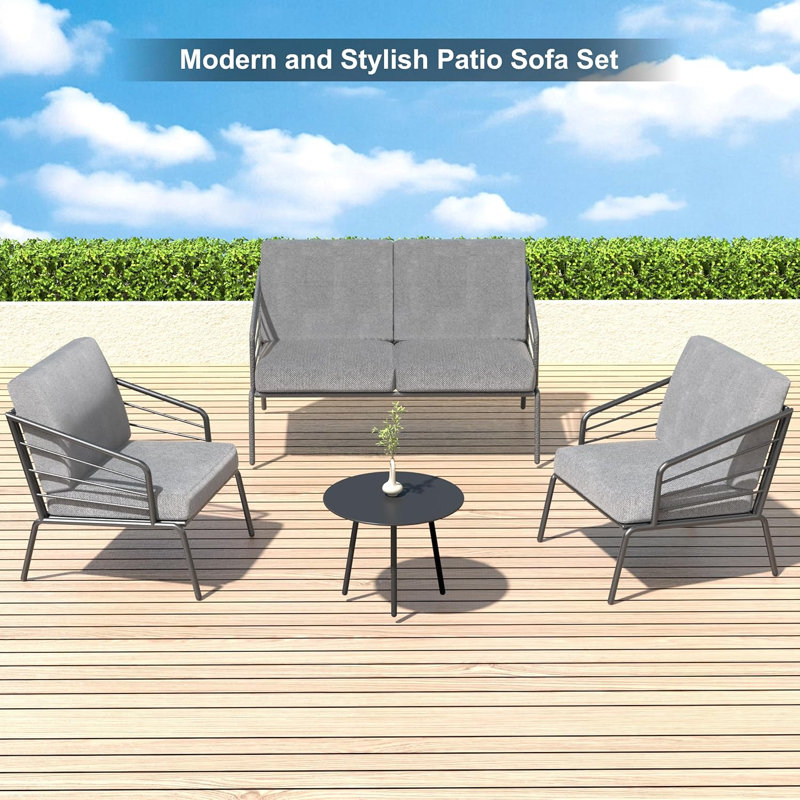 4-piece Outdoor Patio Furniture Set With 1 Loveseat, 2 Chairs & Coffee Table, Waterproof Sectional Sofa With 5" Thick Cushions, Modern Balcony Furniture, Supports Up To 350 Lbs,light Grey