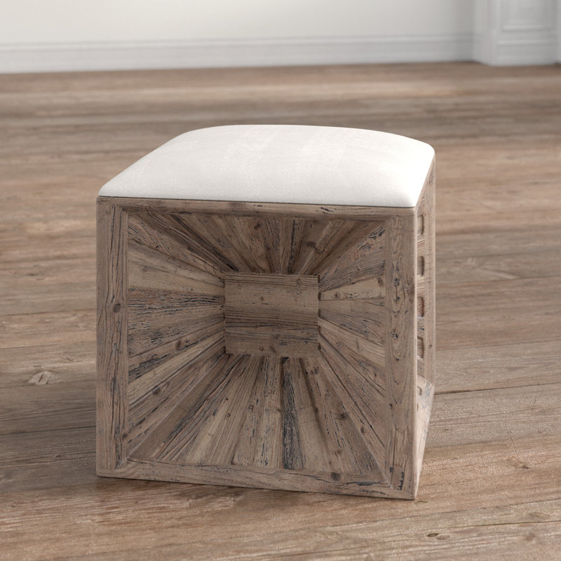 Natural Fir Wood Cube Ottoman with Linen Cushion