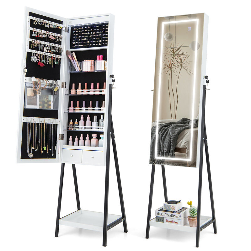 Armoire à bijoux avec miroir à DEL 3 couleurs Wrought Studio ™ avec brun clair rustique intégré, Blanc