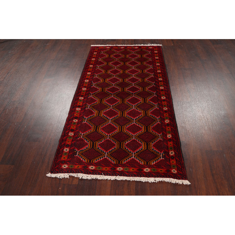 Tapis de couloir rouge en laine noué à la main de conception unique 2 pi 11 po x 5 pi 6 po One Age