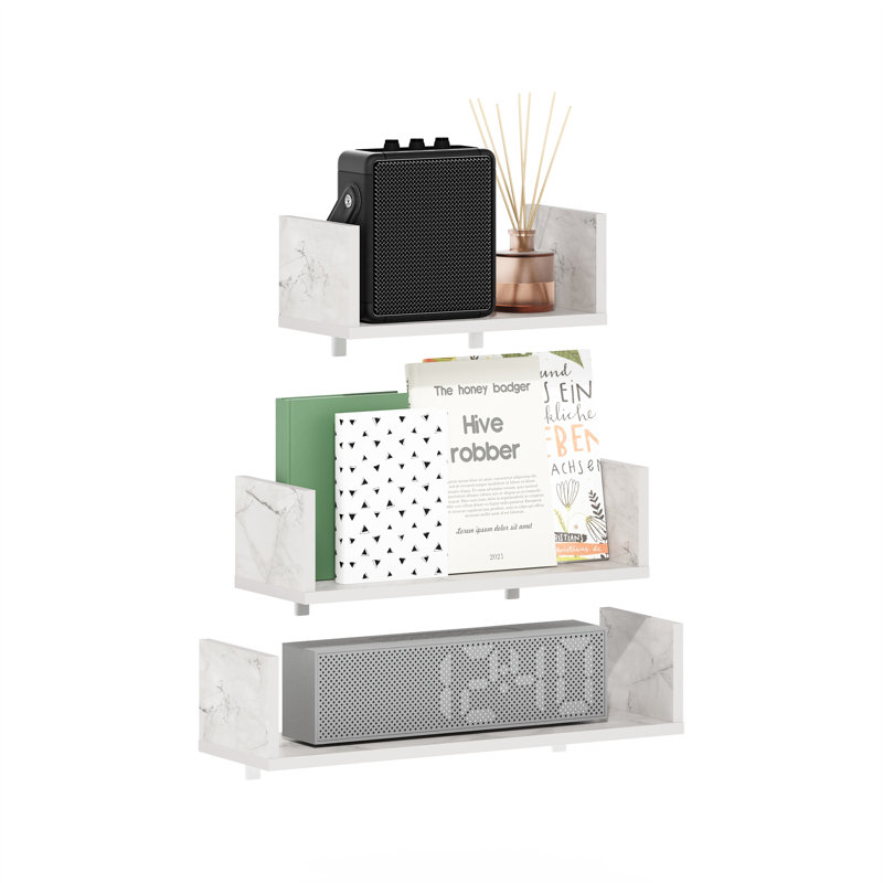 Flem 3 Piece Wall Mounted Floating Display Shelves with Invisible Brackets, Marble White