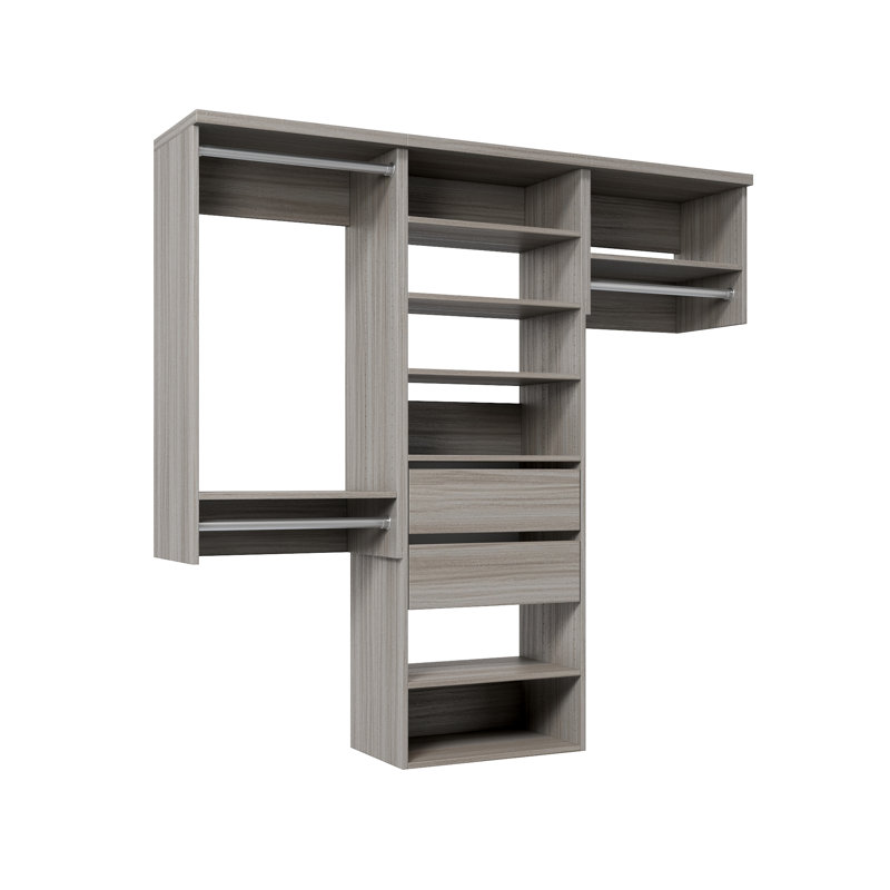 Grey Oak  72" Wall-Mounted Single Wall Closet System with 3 Sections, 3 Clothing Rods, 7 Shelves & 2 Reveal Drawers, 72