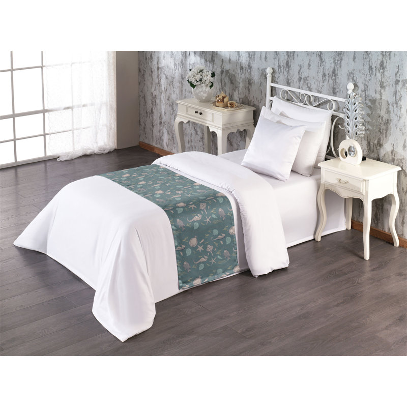 Twin Gray Polyester Satin Marine Print Bed Runner Set