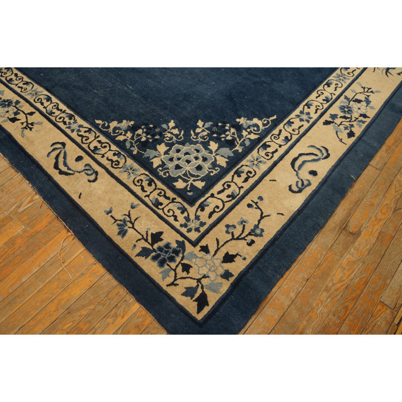Antique Peking Chinese Floral Blue Navy, Ivory Beige Cream White 1920s Rug