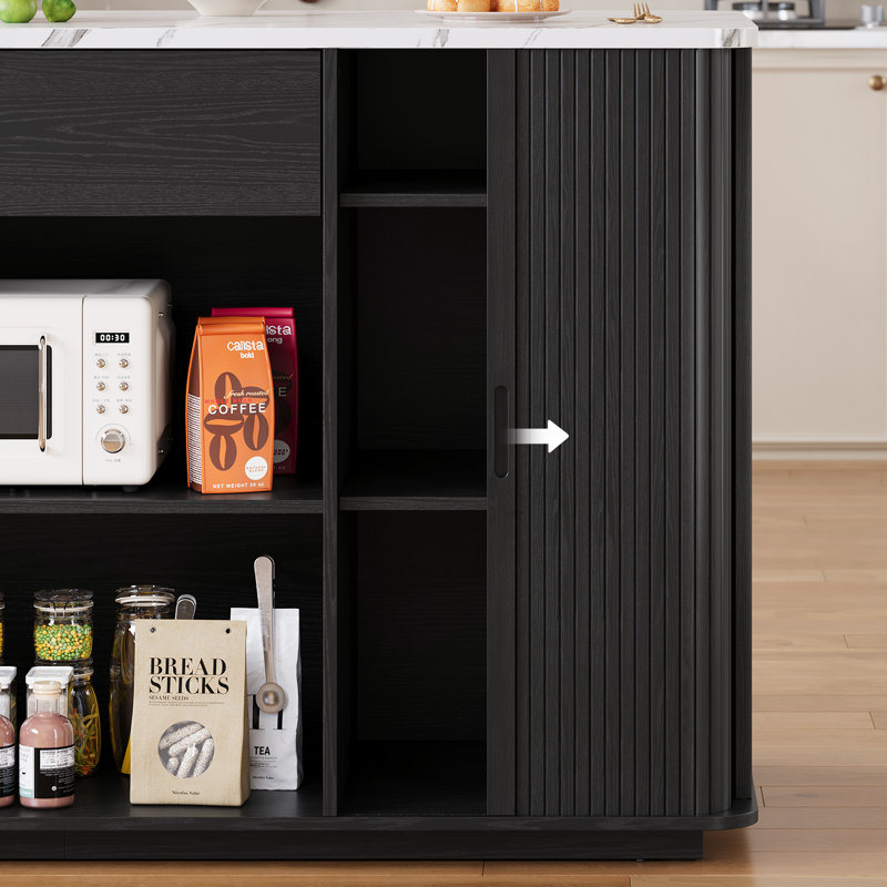 60" Wide Kitchen Island With 2 Sliding Tambour Door Cabinet, Kitchen Cabinet With Power Outlet & Large Drawer For Kitchen, Dinning Room
