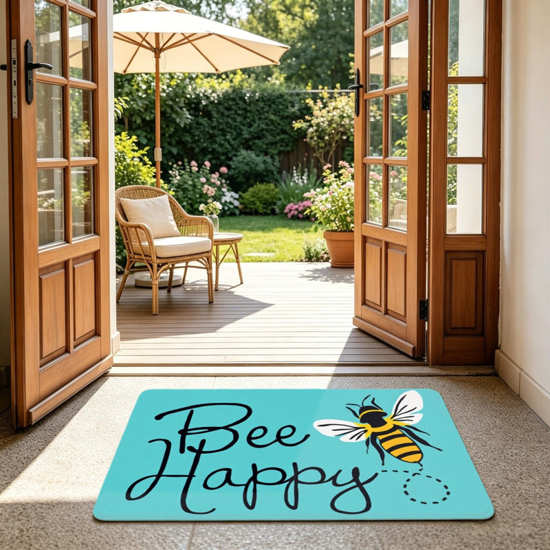 Bee Happy Honeybee Floor Mat For Front Door, 24"X 36", Blue Yellow Black