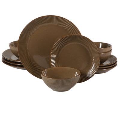 Gibson Home Plates and Bowls Set, 12 Piece Dinnerwae Set for 4, Brown