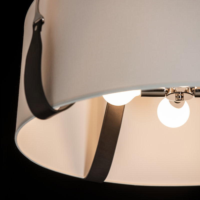 Luminaire suspendu tambour 4 lumières Saratoga, Abat-jour naturel Anna, Cuir noir, Nickel poli