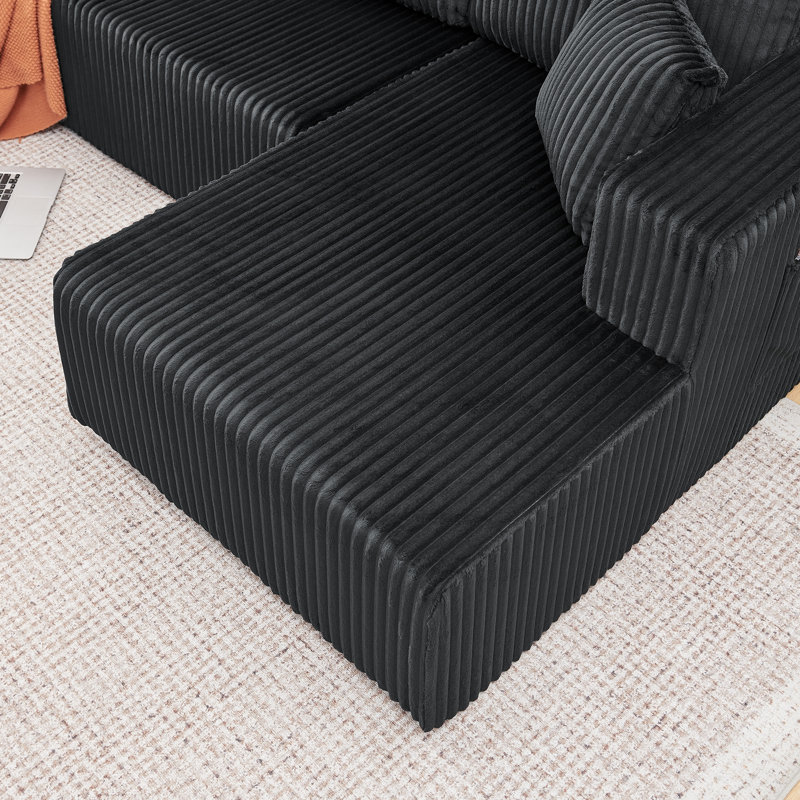 132" U Shaped Modular Sectional Sofa, Comfy Compressed Cloud Couch with Side Pockets, Modern Minimalist Corduroy Memory Foam Sleeper Sofa for Living Room, No Assembly Required,Black