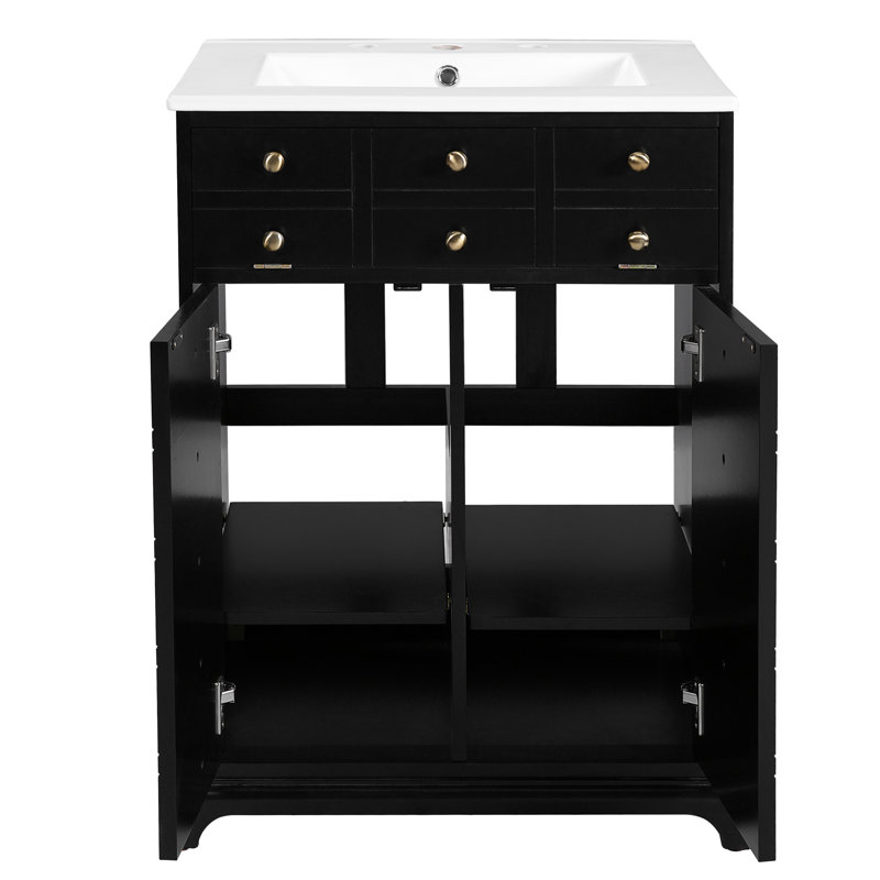 Meuble-lavabo de 24 po avec poignées dorées élégantes, lavabo lisse brillant, rangement fonctionnel et bois massif, organisateur de porte d'armoire à tiroirs d'installation simple, pieds élégants, céramique intelligente