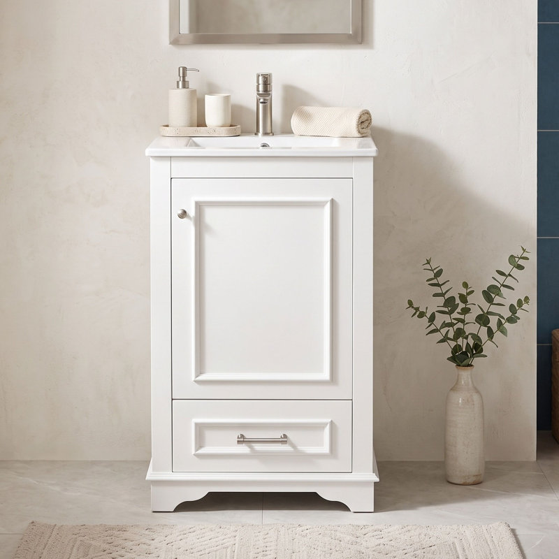 Meuble-lavabo en bois avec lavabo, tablette ajustable, tiroir et portes, White