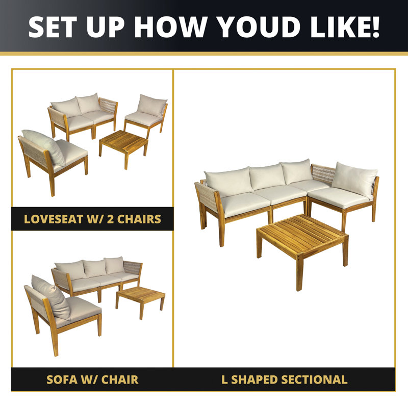 Ensemble de conversation d'extérieur 4 pièces en bois d'acacia avec coussins blancs 4 pièces 