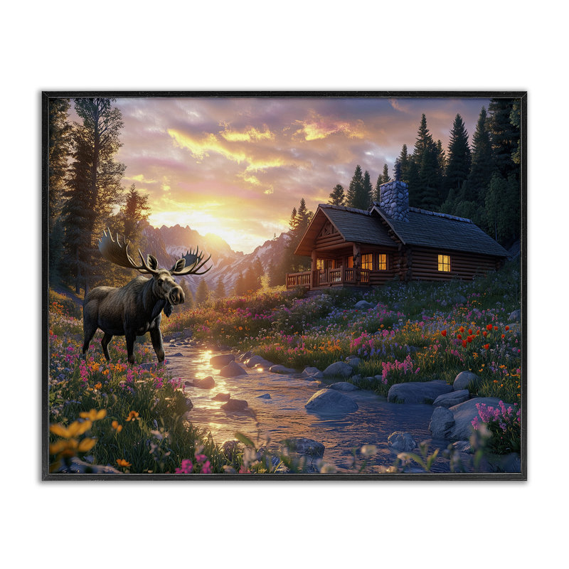 «Cozy Cabin Moose visit», estampe numérique, conception de Jim Baldwin, H 11 po x l 14 po, Giclée encadrée noir minuit