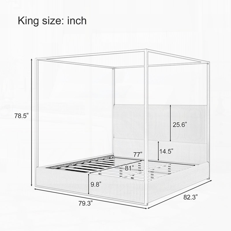 Modern Luxury Metal Canopy Bed with Tall Upholstered Headboard and Four Poster, No Box Spring Needed, Beige/Gold, King