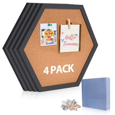 Cork Bulletin Board Hexagon 4 Pack, Small Framed Corkboard Tiles,School Message Board With 16 Push Pin Wood Clips, Black