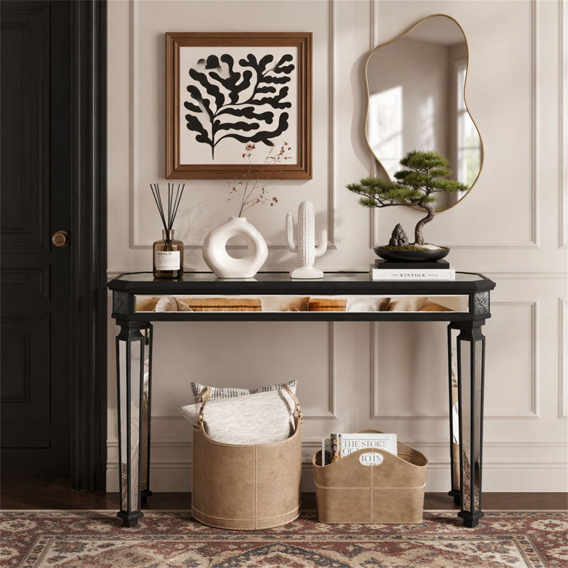 Miroir noir avec console en bois rétro, H 32,68 po x l 48 po x P 14 po, Argent / noir + argent, Noir et argent