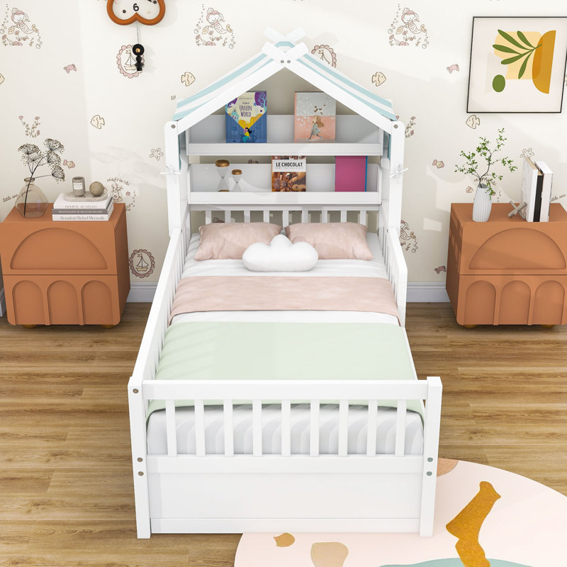 Lit en forme de maison de rêve avec structure de style toit et tablette de rangement, Lit simple, Blanc
