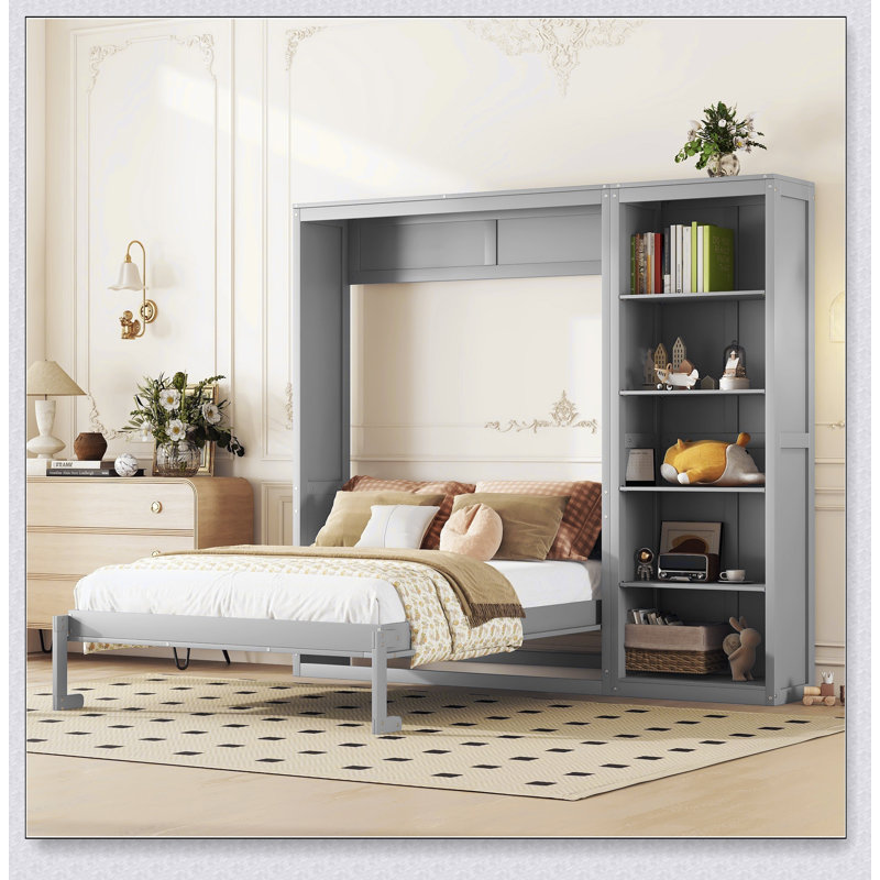 Lit escamotable mural avec tablettes Murphy, Gris, Grand lit