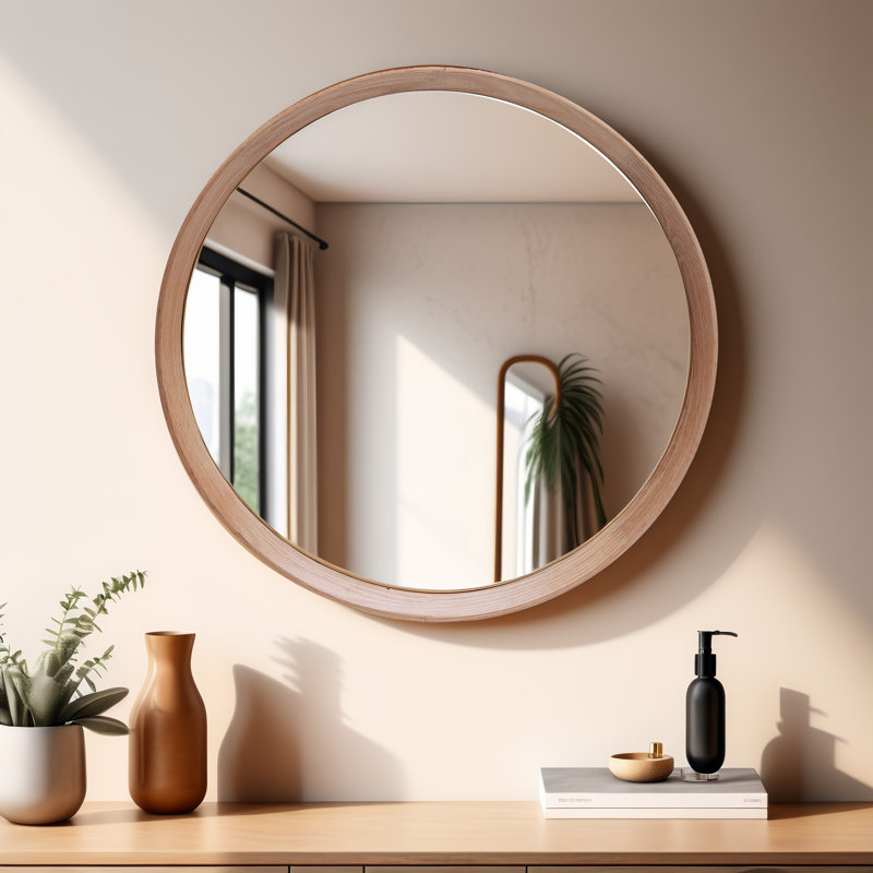 Miroir mural rond en bois pour salle de bain, Chêne, 31,5 po x 31,5 po