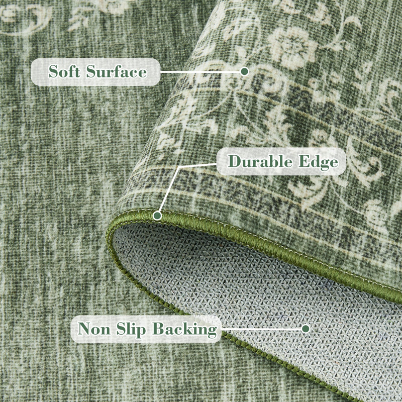 8 x 10 Area Rug with Floral Pattern Machine Washable Area Carpet Non slip Non Shedding Rugs for Living Room, Bedroom, Home Office, Family Room, Nursery, Playroom(Green)