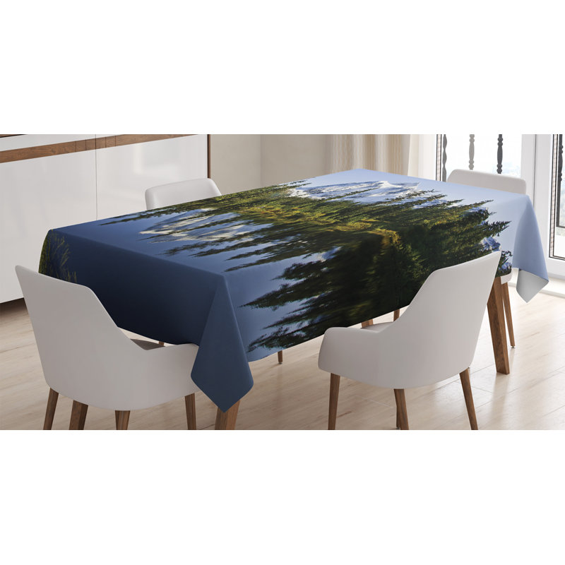Ambesonne Landscape Tablecloth, Fall Colored Trees And Snowy Mountain Landscape With Crystal Lake Nature, Rectangular Table Cover For Dining Room Kitchen Decor, 52" X 70", Green Blue White