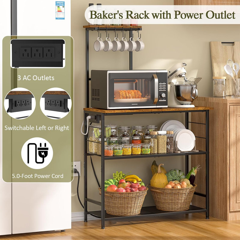 Étagère de cuisine à 4 niveaux avec prise électrique, support pour micro-ondes de 84 cm avec 6 crochets en S, coin café avec tablette réglable