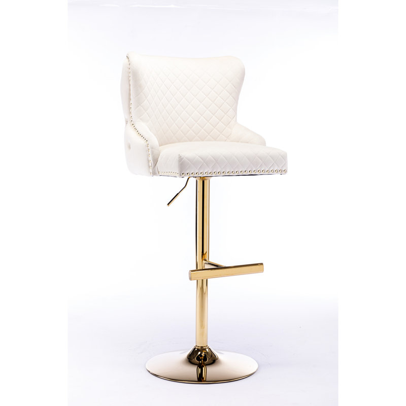 Chaise de bar en velours beige à hauteur ajustable, charisme à dossier en losange, coussin éponge Delight, ornementation de tête de lion d'or grandiose, robustesse des pieds dorés électrolytiques, tabouret de chaise de protection antidérapant