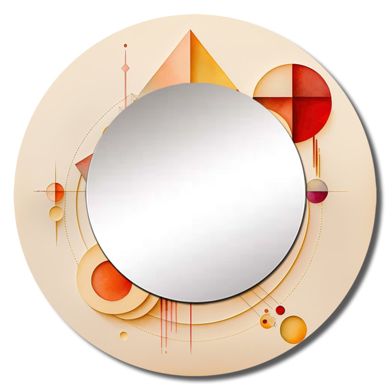 Priyanshu orange et jaune géométrique abstrait II - miroir décoratif géométrique, miroir mural rond jaune, impression d'art en métal