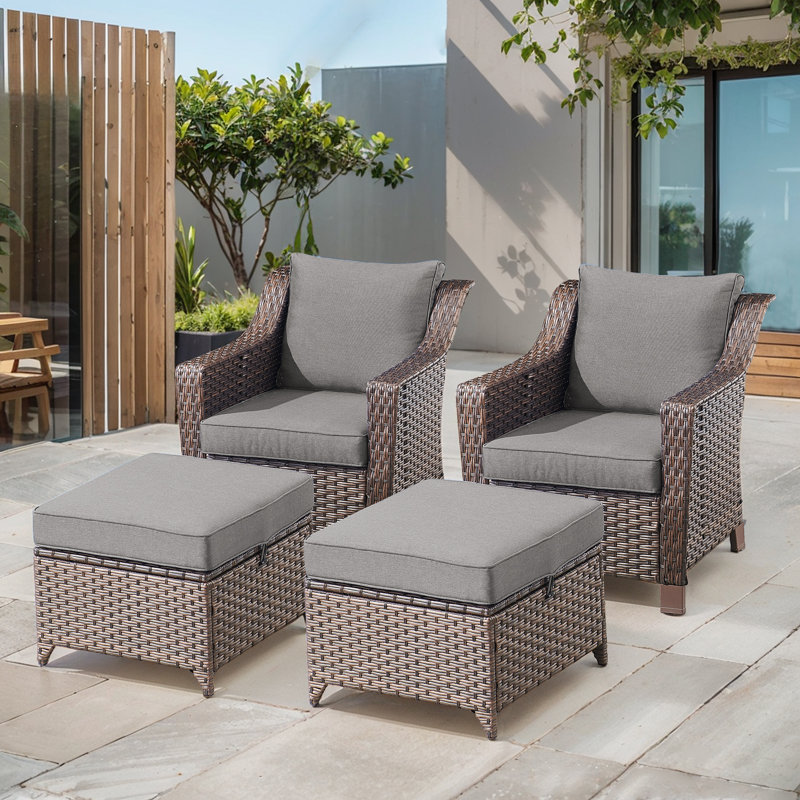 Tya Outdoor Wicker Rattan Lounge Chairs With Cushions And Ottomans, Gray