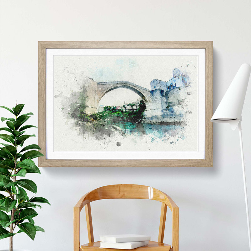 Stari Most Old Bridge in Abstract - Picture Frame Graphic Art Print, 48cm H x 65cm W x 2cm D, Oak Framed