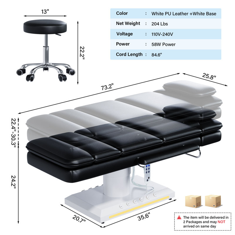 3-Motor Electric Massage Table with Stool, Remote & Foot Control, Adjustable Height, Backrest & Leg Rest, Dual-Layer Cushion, LED Buttons