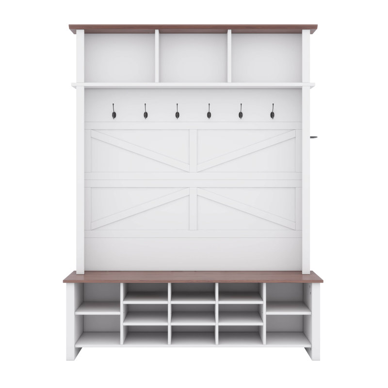 Wood Rustic Hall Tree Entryway Bench With Hooks And Adjustable Shelves, White