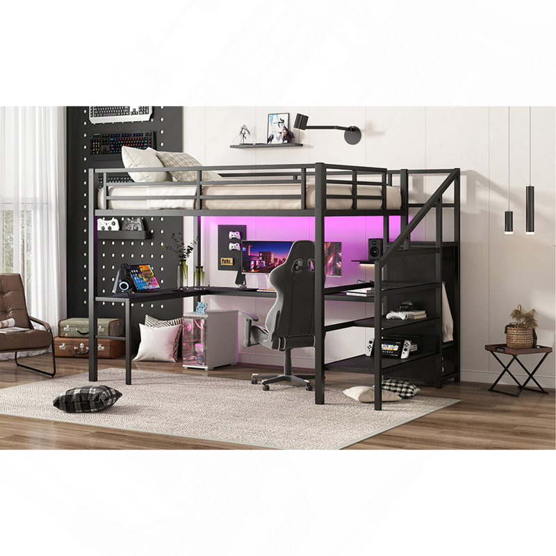 Grand lit mezzanine avec bureau en L et port USB, lit mezzanine en métal avec garde-robe et tablette réglable, lit mezzanine haut avec DEL pour enfants, adolescents, adultes