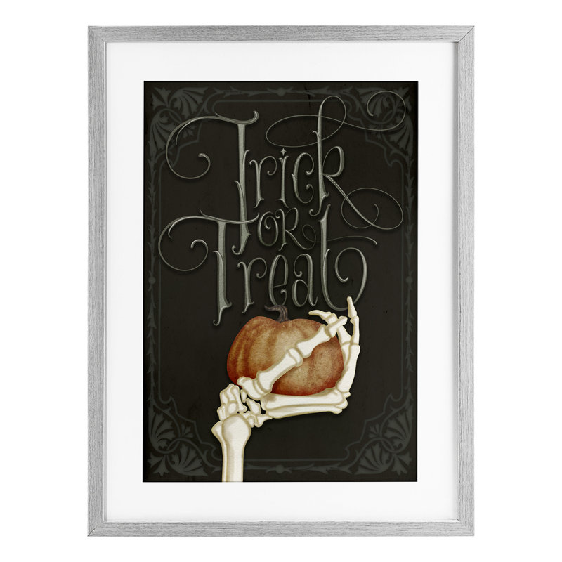«Trick Or Traite Skeleton», reproduction encadrée à la main sous verre, design par Nicole Tamarin, Cadre de ferme gris