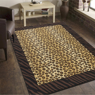 7 Ft. 10 In. X 3 Rectangle Animal Print Rug, Beige And Black Colors, Machine - Made Polypropylene For Cozy Balconies, Mountain Lodge Style Rug In Black, Modern Loft,