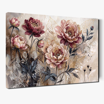 Tableau sur toile rose vintage bordeaux pivoine, décoration murale florale pour salon ou chambre