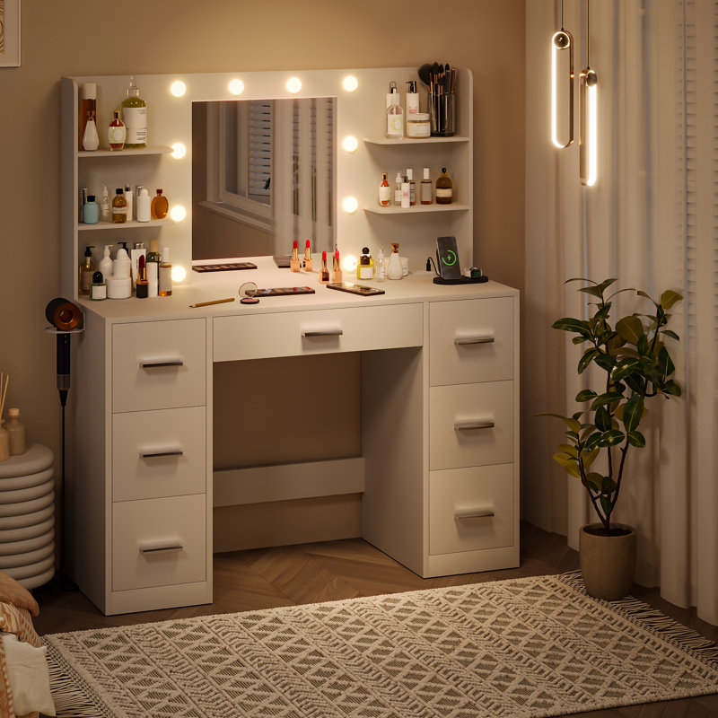 Makeup Vanity with USB Outlet & 3-Color Adjustable Lights - Large Storage Dressing Table with 7 Drawers, Side Hair Dryer Holder, Mirror for Bedroom