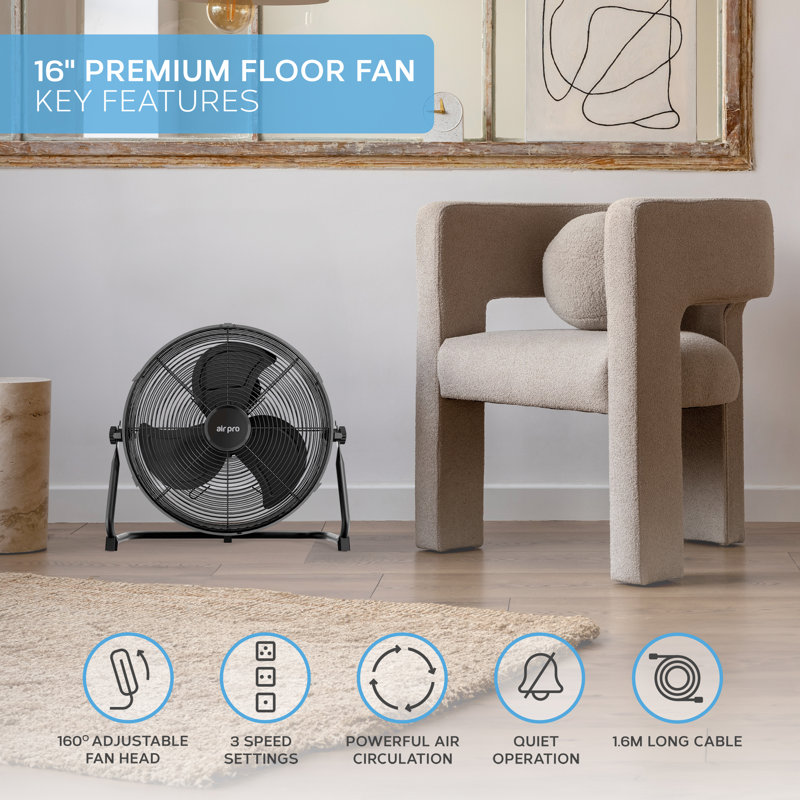 16" Floor Fan - Powerful Air Cooling Fan With 3 Speed Settings, Black