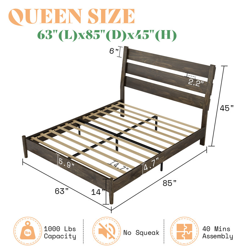 Dark Brown Pine Queen Bed Frame with Slatted Headboard
