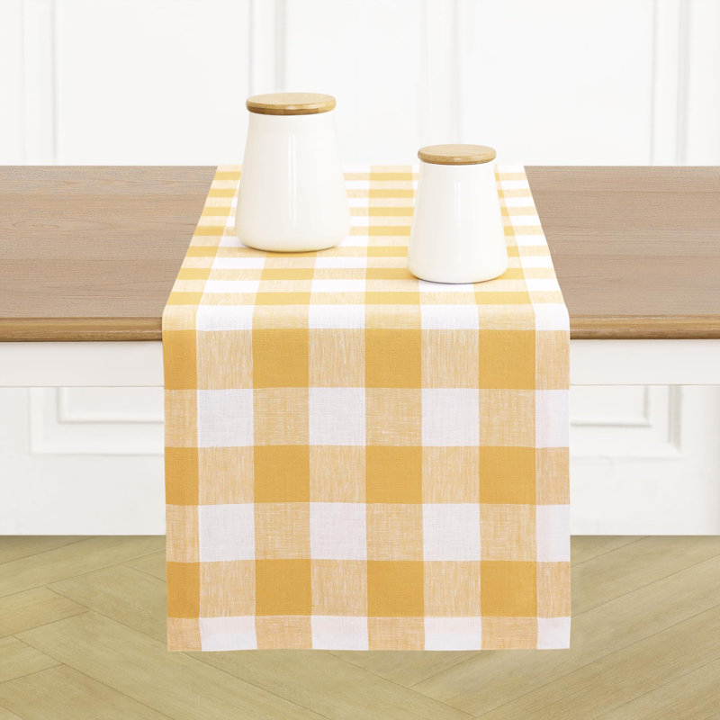 Buffalo Check - 100% Pure Linen Table Runner, 120" x 14", Mustard/White