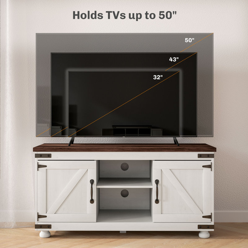 Meuble télé Farmhouse pour téléviseur de 50 po ou moins avec portes de grange - blanc vieilli