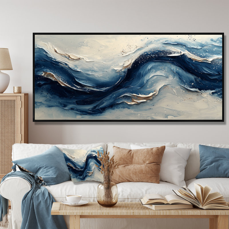 Encre bleue et grise, vagues de la rivière - peinture abstraite, art mural, H 28 po x l 60 po, Cadre flottant